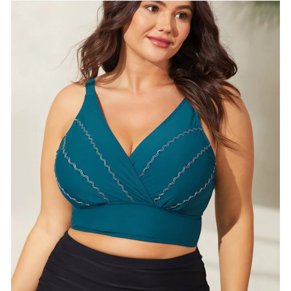 BloomChic Embroidered Surplice Adjustable Midkini Swim Top teal blue  Sz. 30/6X